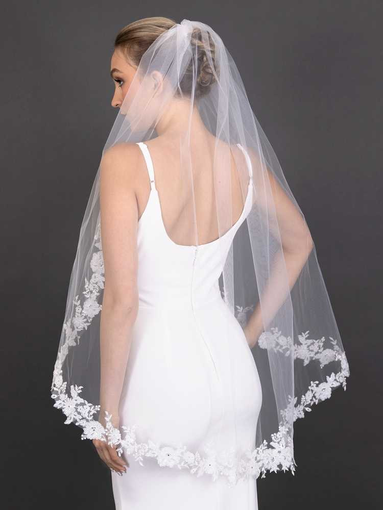 Mariell Long Fingertip Sparkling Beaded Lace Edge Wedding Veil in Ivory